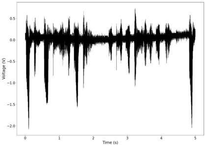 Raw voltage vs time recorded (with mean subtracted).